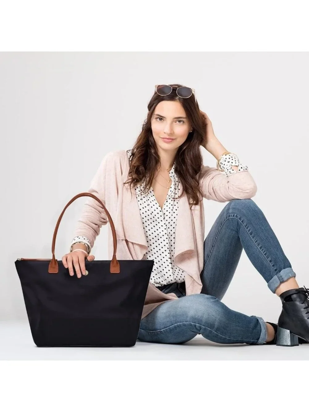 Stylish Nylon Shoulder Tote Bag for Women, Foldable Weekend Hobo Handbag - Black